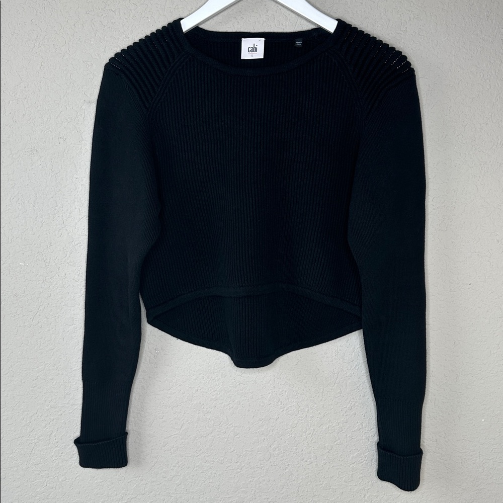 CAbi Women's 100% Cotton Black Cropped Ribbed Cuffed Prep Sweater Size L #3525